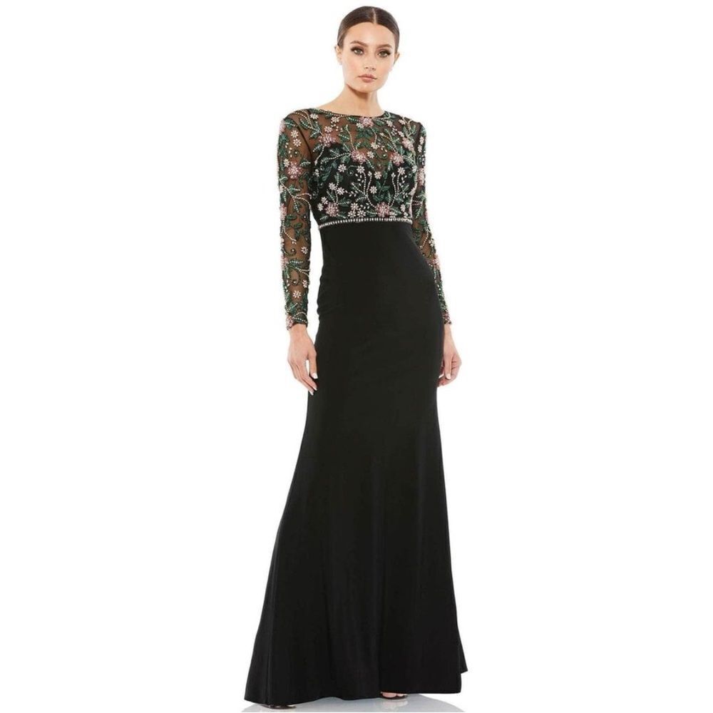 NWT Mac Duggal 67870 Empire WaistโEvening Gown Beaded Sequin Black Multi Size 14